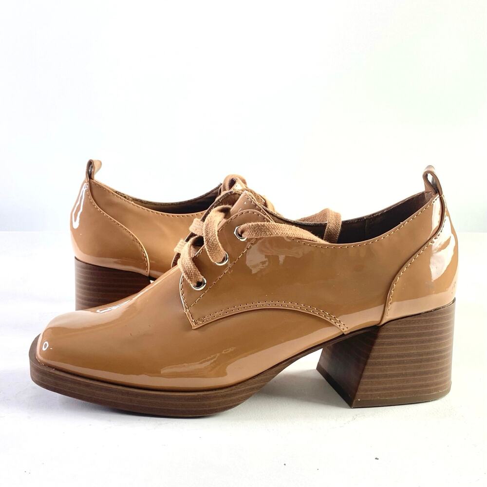 Retro Academia Square Toe Chunky Block Heel Patent Oxfords Beige Brown Sz 10